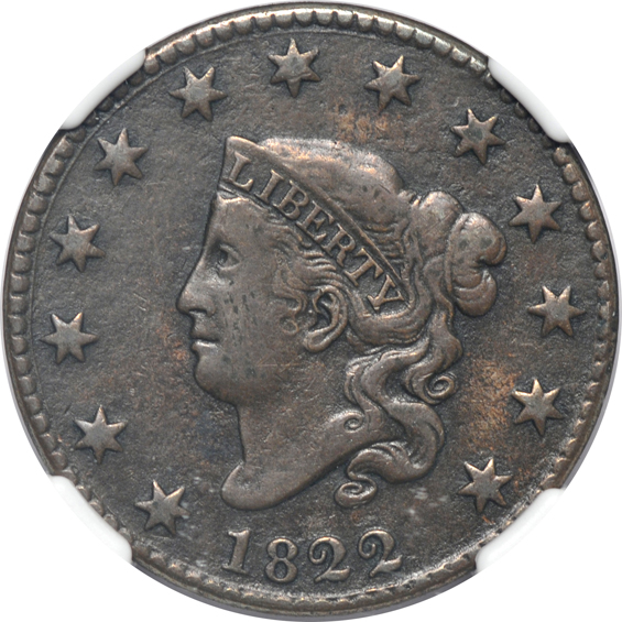 1812 Fine details/environmental damage, 1818 AU-58 BN, and an 1822 VF details/burnished, all NGC