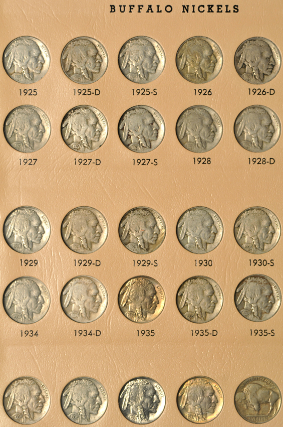 Nearly complete collection of Buffalo nickels, including a Fine 1937-D three legged, in a Dansco 7112 album
