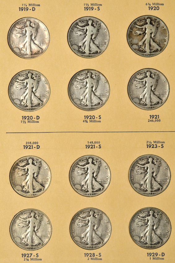 Complete collection of Walking Liberty half-dollars in two Library of Coins albums