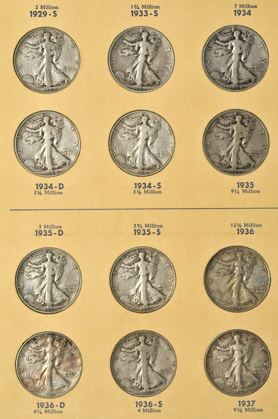 Complete collection of Walking Liberty half-dollars in two Library of Coins albums
