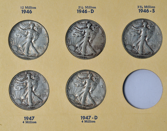 Complete collection of Walking Liberty half-dollars in two Library of Coins albums