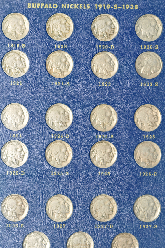 Nearly complete collection of Buffalo nickels in a Whitman 9408 album