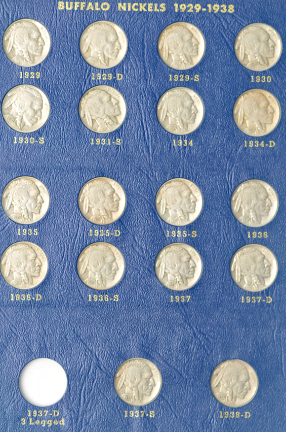Nearly complete collection of Buffalo nickels in a Whitman 9408 album