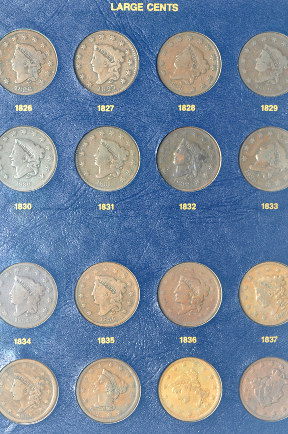 Collection of fifty large cents ranging from 1800 to 1857 in a Whitman 9110 album