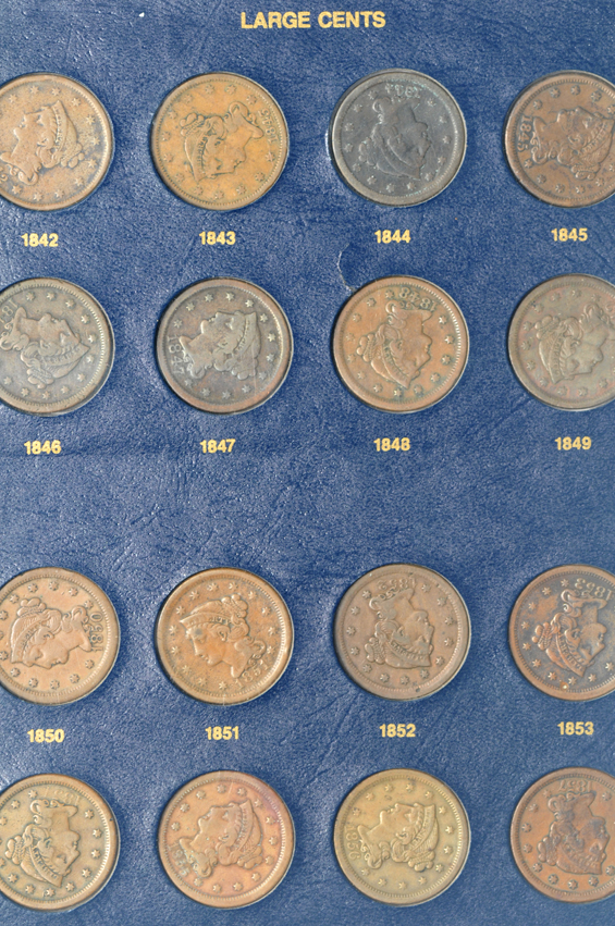 Collection of fifty large cents ranging from 1800 to 1857 in a Whitman 9110 album