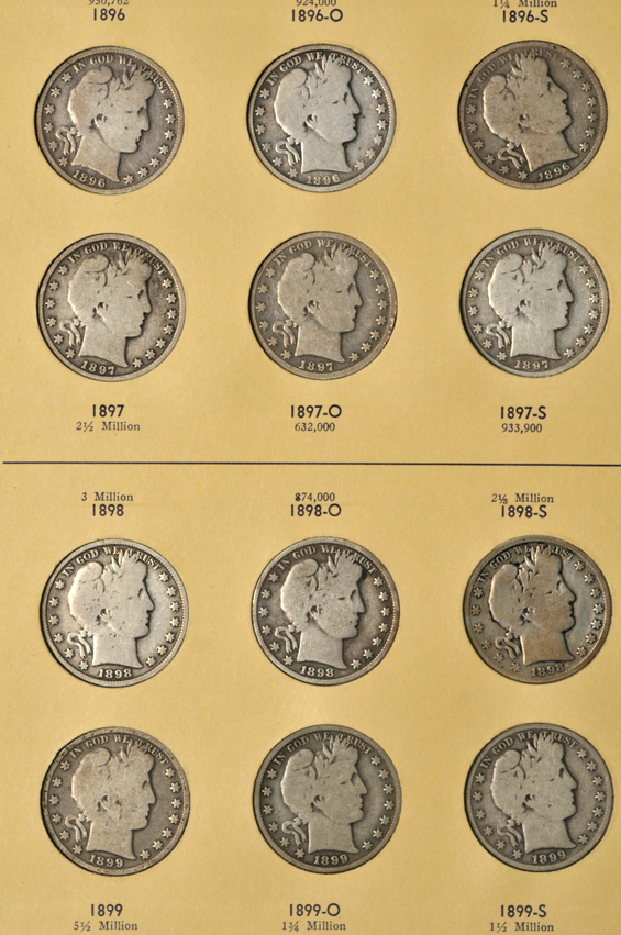 Complete collection of Barber half-dollars (no micro O) in two Library of Coins albums