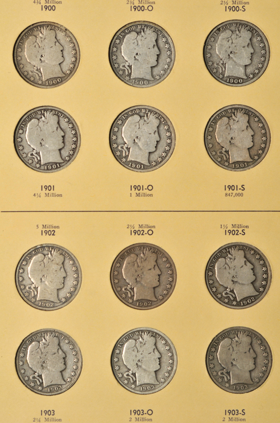 Complete collection of Barber half-dollars (no micro O) in two Library of Coins albums