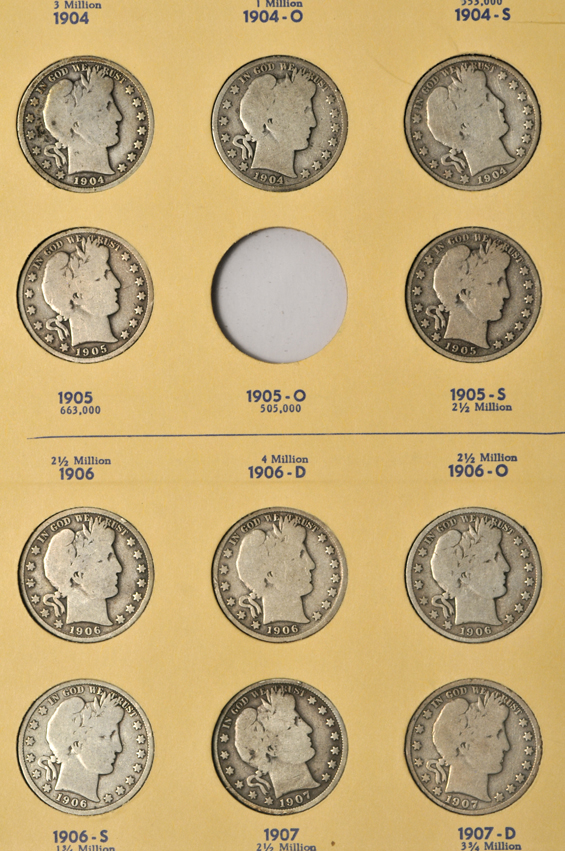 Complete collection of Barber half-dollars (no micro O) in two Library of Coins albums