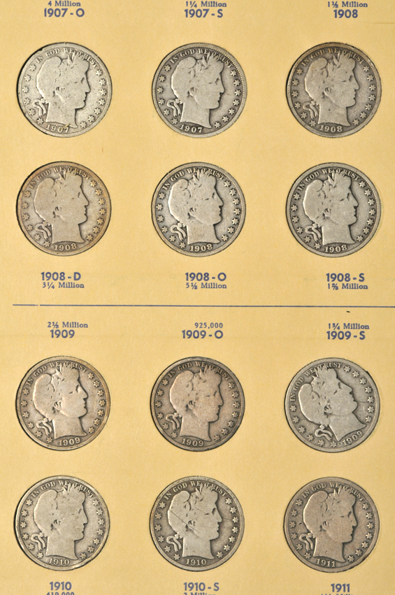 Complete collection of Barber half-dollars (no micro O) in two Library of Coins albums