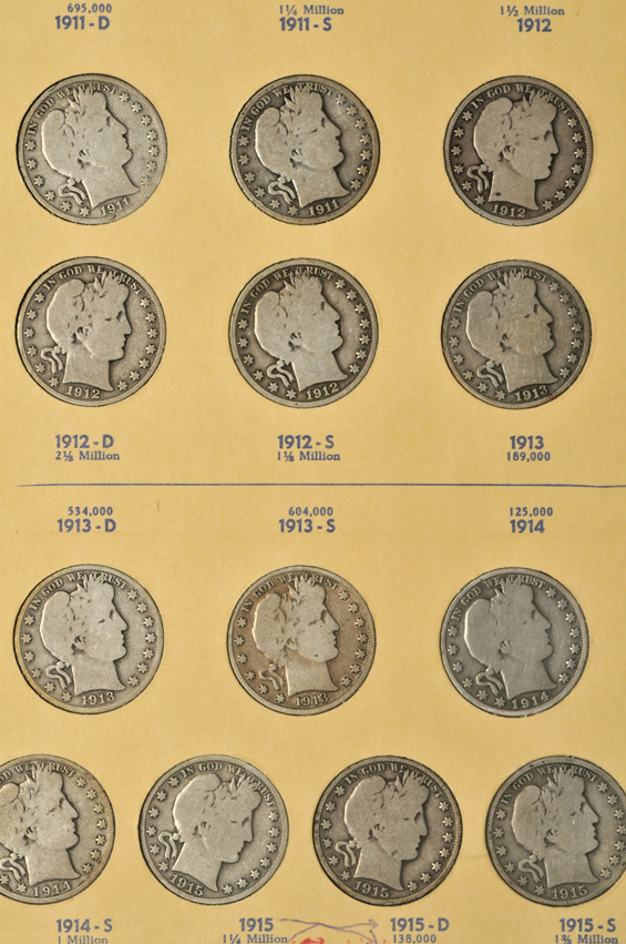 Complete collection of Barber half-dollars (no micro O) in two Library of Coins albums