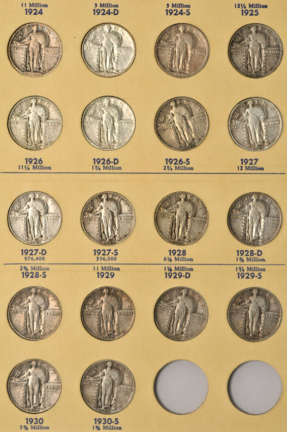 Collection of thirty-four different Standing Liberty quarters in a Library of Coins album