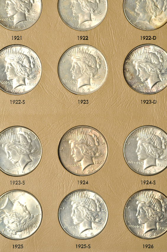 Complete collection of Peace silver dollars in a Dansco 7175 album