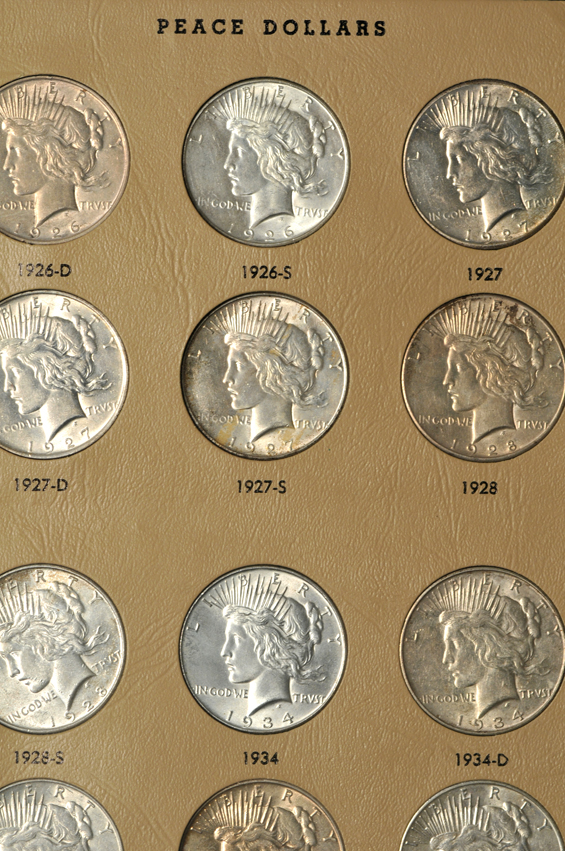 Complete collection of Peace silver dollars in a Dansco 7175 album