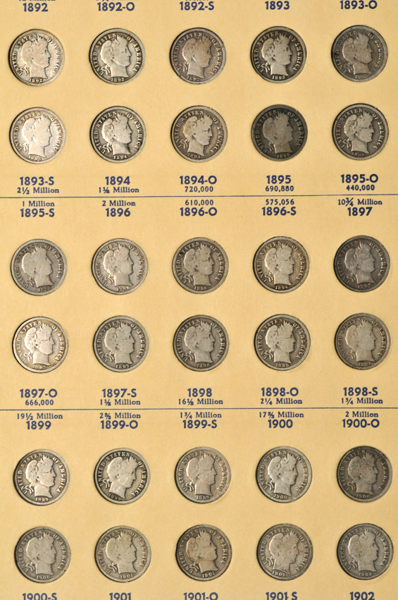 Complete collection of Barber dimes (no micro O), in a Library of Coins album