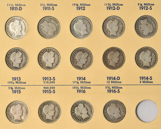 Complete collection of Barber dimes (no micro O), in a Library of Coins album