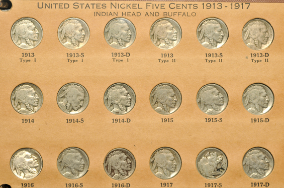 Partial collections of Shield, Liberty, and Buffalo nickels in a Wayte Raymond album