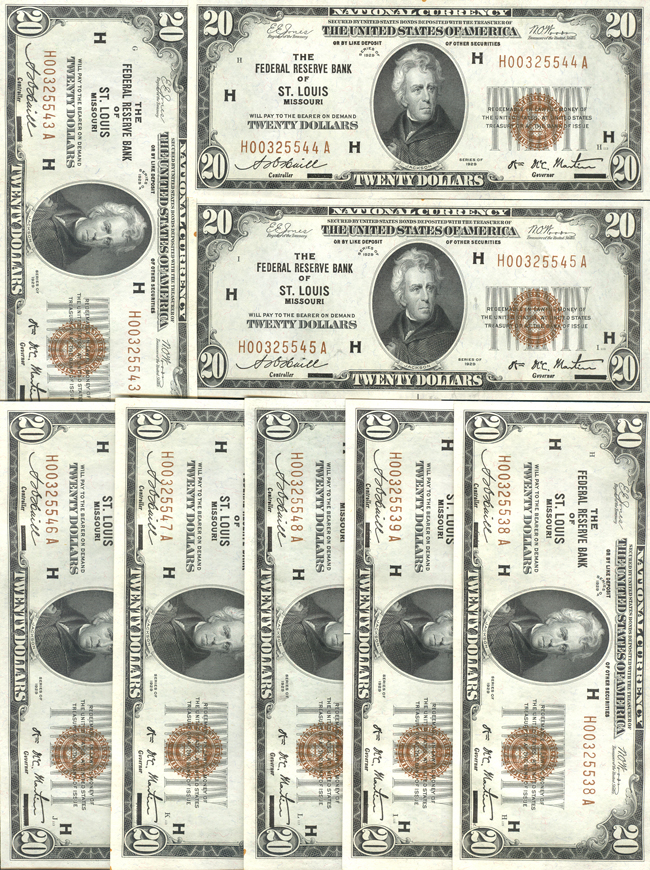 Run of nineteen 1929 $20 St. Louis Fr# 1870-H - mostly CU