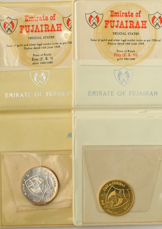 Fujairah - 1972 Olympics commemoratives, 1970 silver 5 riyals and 1970 gold 50 riyals