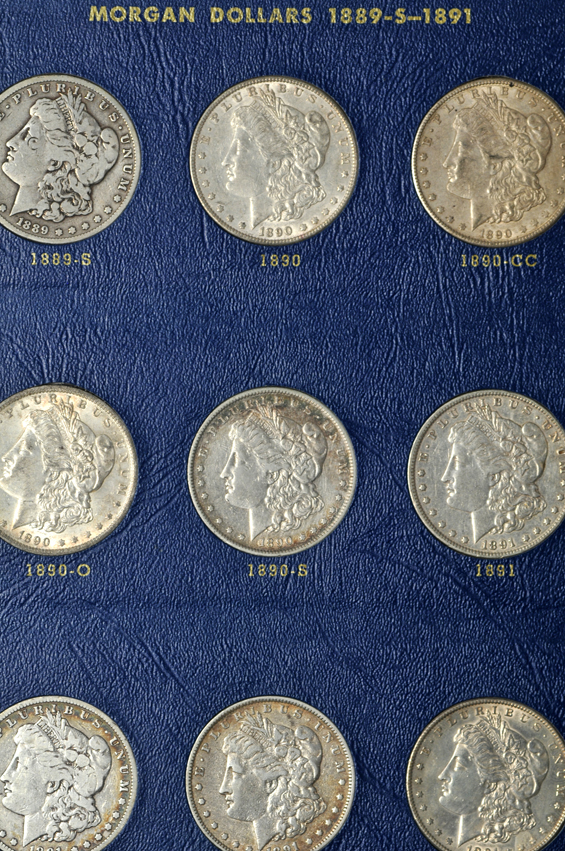 Collection of Morgan silver dollars, 1887 through 1896 (no 1895), in a Whitman 9428 album