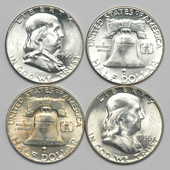 Six BU Franklin half-dollar rolls