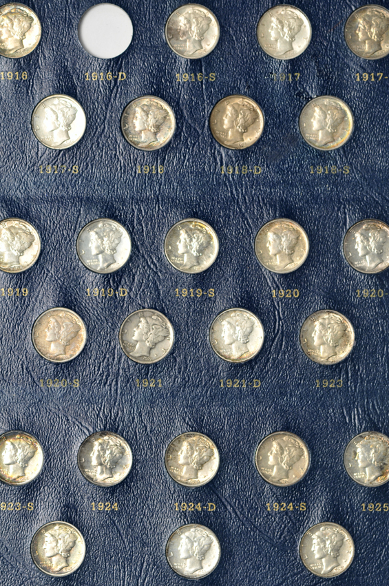 Nearly complete collection of Mercury dimes in a Whitman 9118 album