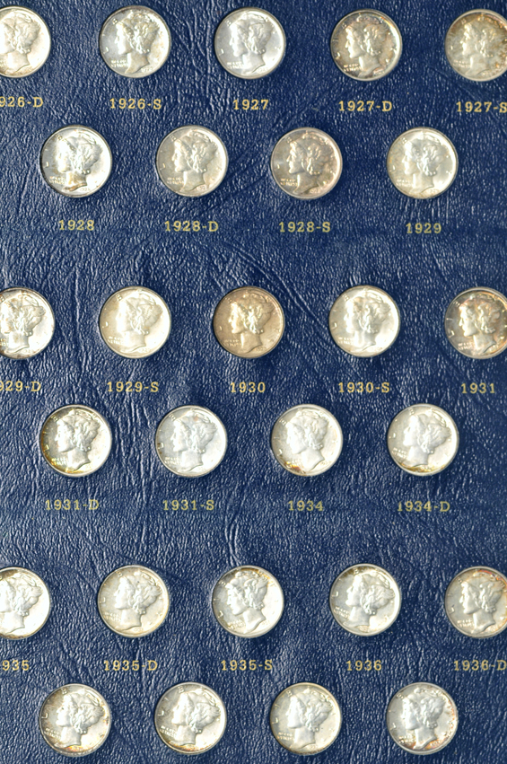 Nearly complete collection of Mercury dimes in a Whitman 9118 album