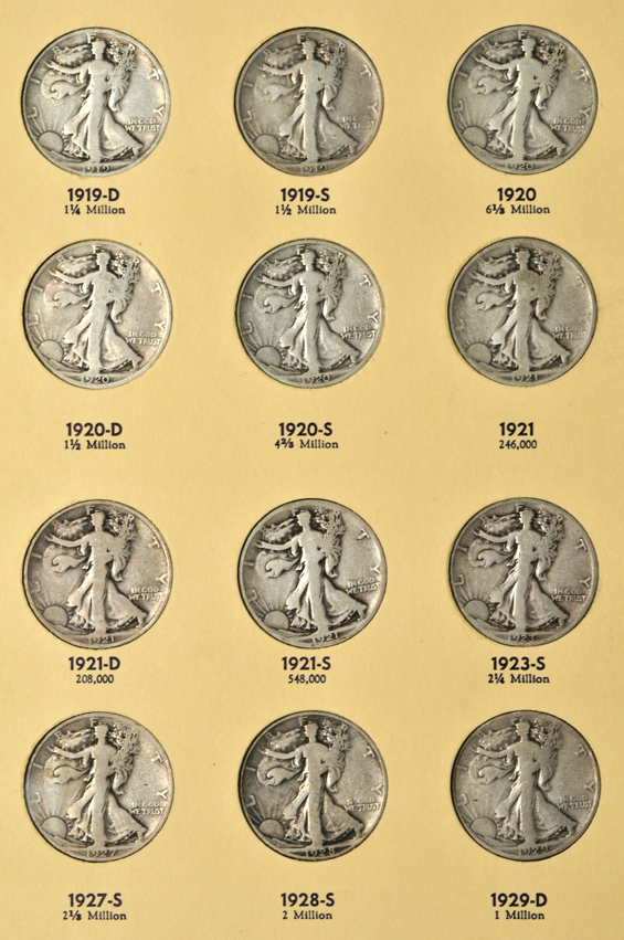 Thirty-five different Walking Liberty half-dollars in a Library of Coins Vol. 19 album