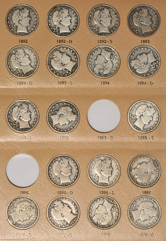 Nearly complete collection of Barber half-dollars in a Dansco 7150 album