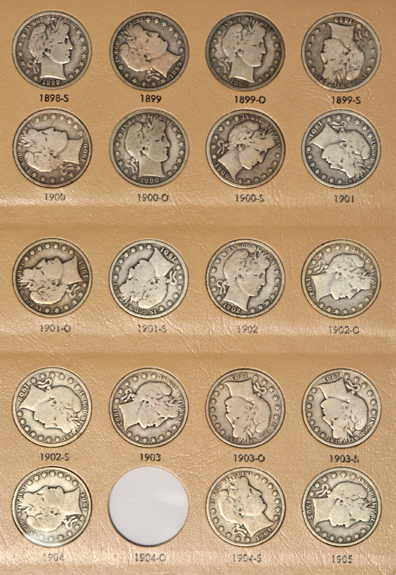 Nearly complete collection of Barber half-dollars in a Dansco 7150 album