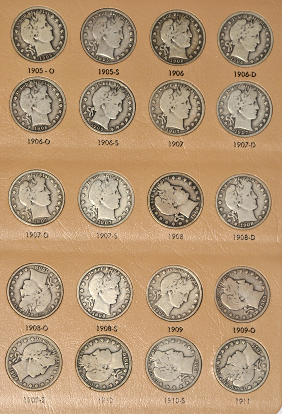 Nearly complete collection of Barber half-dollars in a Dansco 7150 album