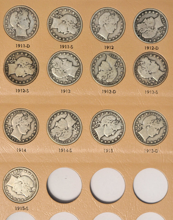 Nearly complete collection of Barber half-dollars in a Dansco 7150 album