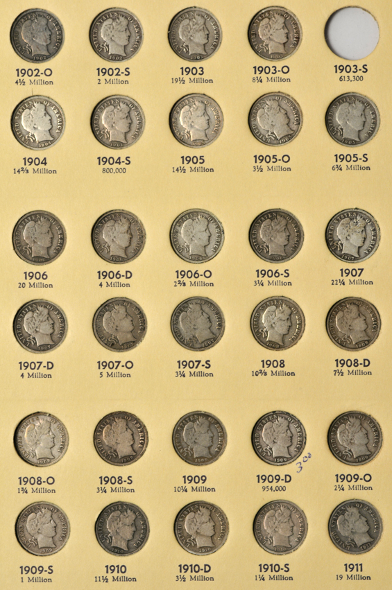 Complete collection of Barber dimes in a Library of Coins Vol. 9 album