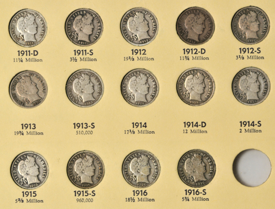 Complete collection of Barber dimes in a Library of Coins Vol. 9 album