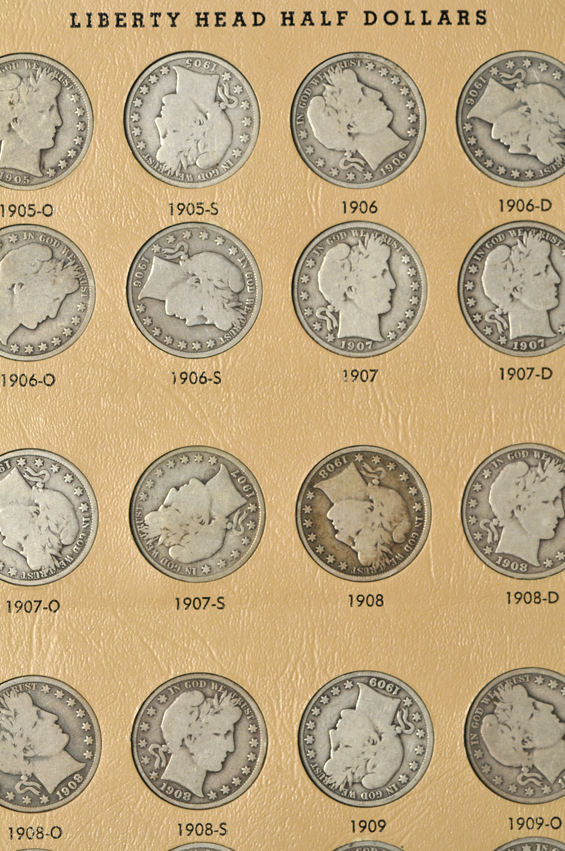 Complete collection of Barber half-dollars in a Dansco album