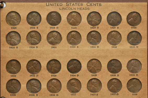 Collection of eighty-nine different Lincoln cents in a Wayte Raymond album