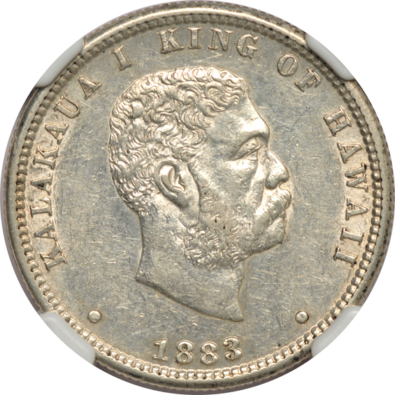 Three 1883 Hawaii S25c, AU details/cleaned, AU-55, and MS-62, all NGC