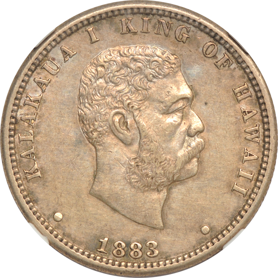 Three 1883 Hawaii S25c, AU details/cleaned, AU-55, and MS-62, all NGC