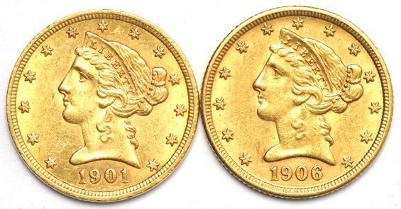 Four AU Liberty Head half-eagles