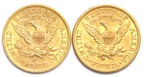 Four AU Liberty Head half-eagles