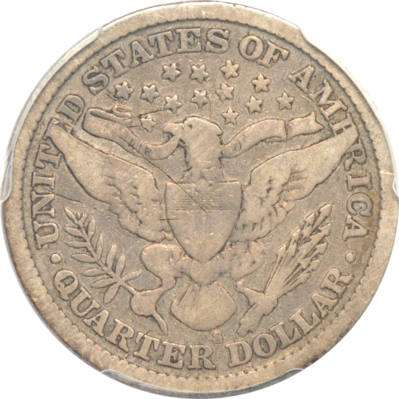 1869-S Seated Liberty quarter VF details/cleaned, and an 1896-S Barber quarter Good details/scratched, both PCGS