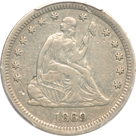 1869-S Seated Liberty quarter VF details/cleaned, and an 1896-S Barber quarter Good details/scratched, both PCGS