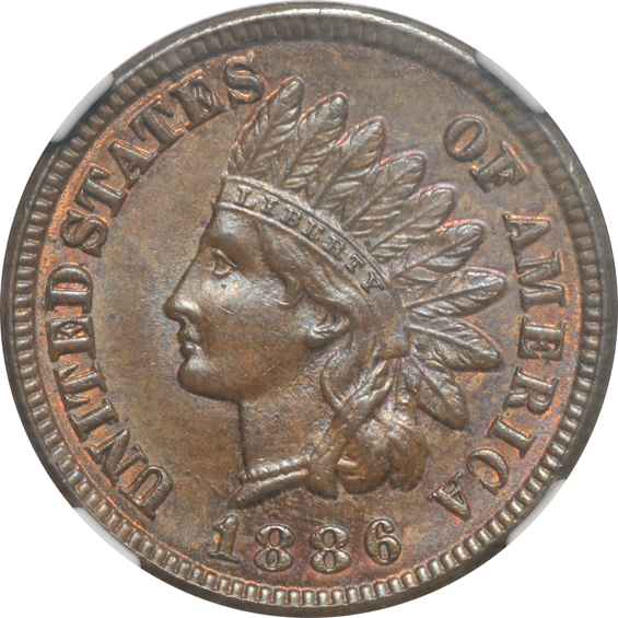 1867 MS-62 BN, and an 1886 Type 1 MS-64 BN, both NGC