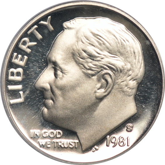 Five Proof Roosevelt dimes certified by PCGS