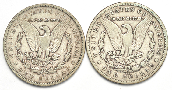Four circulated CC dollars, 1890 through 1893