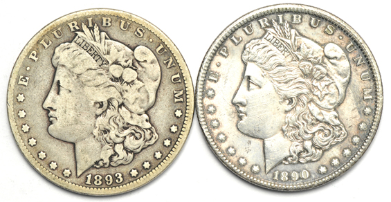Four circulated CC dollars, 1890 through 1893