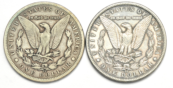 Four circulated CC dollars, 1890 through 1893