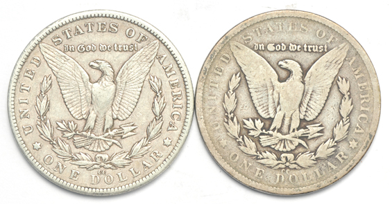 Five circulated CC dollars, 1878 through 1882