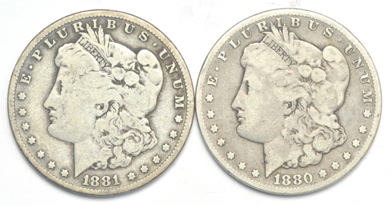 Five circulated CC dollars, 1878 through 1882