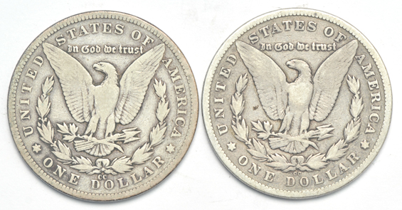 Five circulated CC dollars, 1878 through 1882