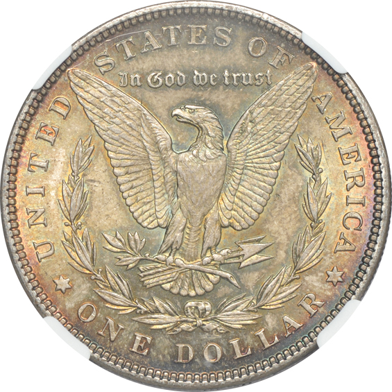 Five toned UNC Morgan dollars, all NGC CAC
